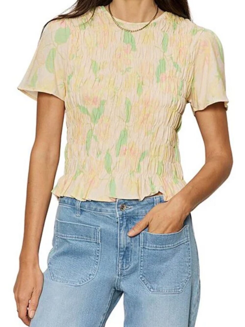 Sanctuary Better Together Floral Print Crew Neck Short Sleeve Smocked Top - NEW